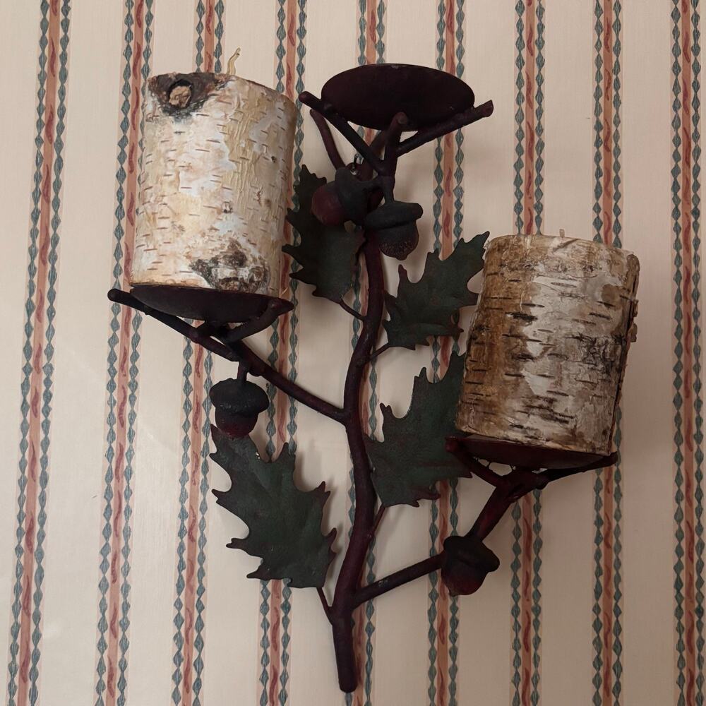Wall Sconce Candle Holder Rustic Leaves & Acorns 14 X 10" Holds 3 pillar candles - Picture 4 of 14